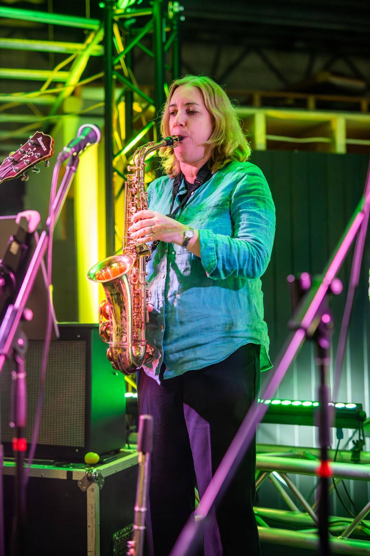 Katrina Fawns playing alto sax on stage at the Devonport Jazz Festival, 2024